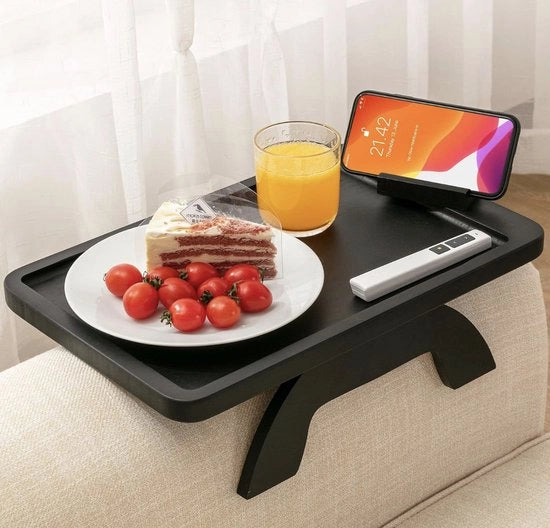 Dienblad con regolabile supporto per smartphone, legno, bambù, tavolo, dienblad, schienale, tavolo di servizio pieghevole per sedute larghe, antiscivente, tavolo da schienale come dienblad