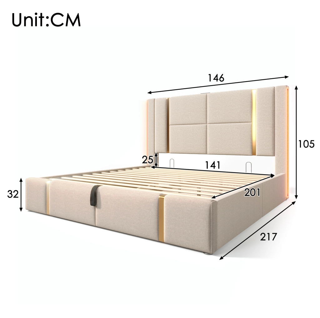 Letto matrimoniale imbottito 140x200 cm con contenitore; LED RGB; USB-C; beige in lino