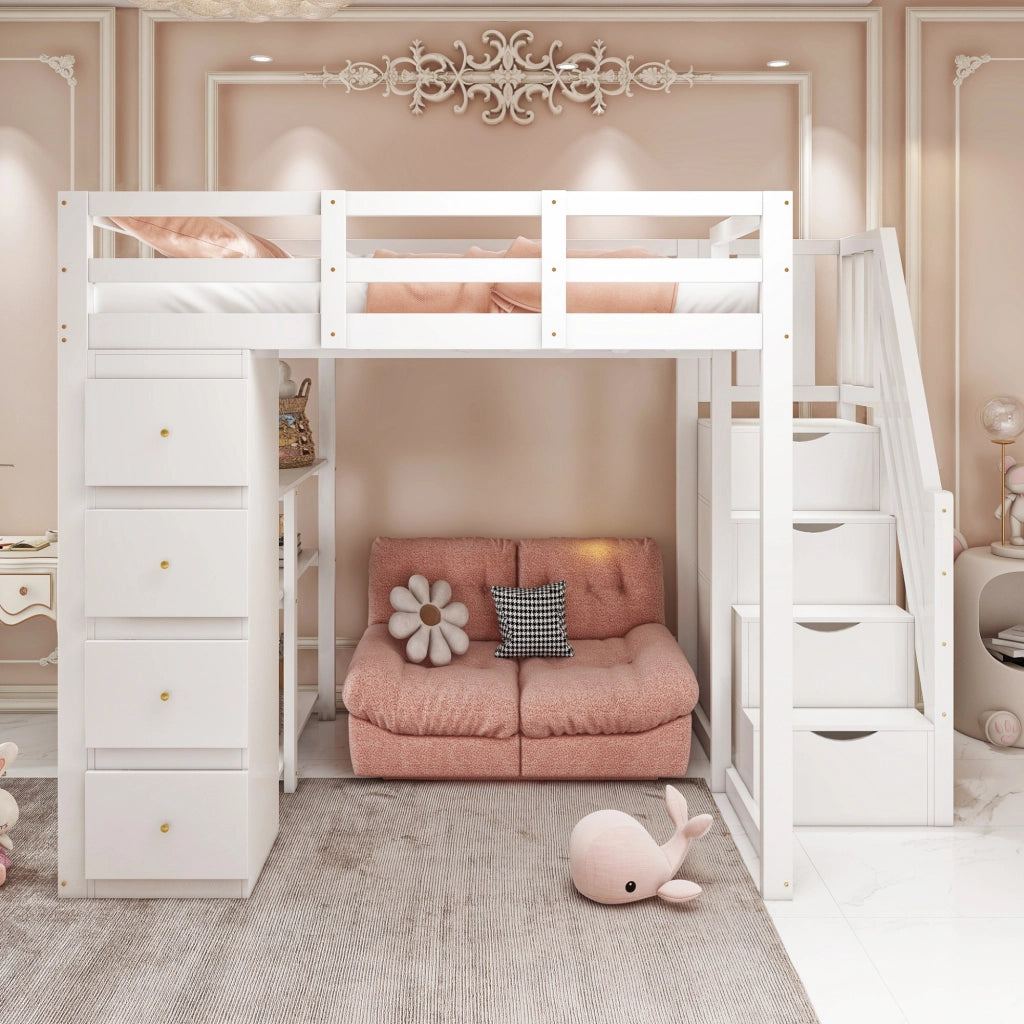 OKWISH Letto a Soppalco 140×200 cm, Letto Matrimoniale con 4 Cassetti, Scala Contenitore e Mensole, senza Materasso, in Legno, Bianco