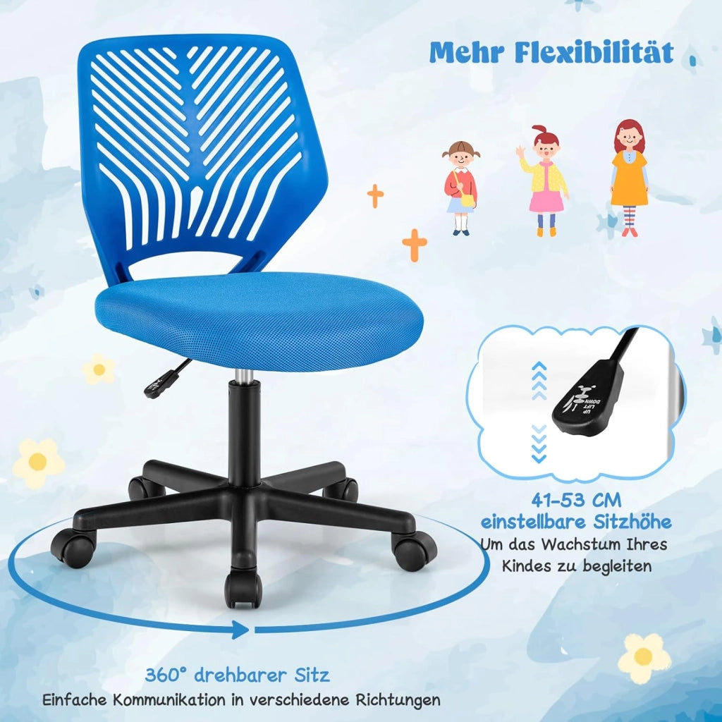 Sedia da scrivania per bambini, graziosa sedia da ufficio con schienale a forma di S e seduta imbottita, sedia da studio girevole senza maniche su ruote, per ragazzi e ragazze (blu)