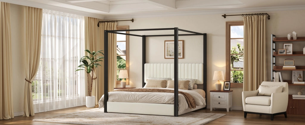 Letto matrimoniale 180 × 200 cm a baldacchino con testiera imbottita, struttura in metallo, senza materasso, beige e nero