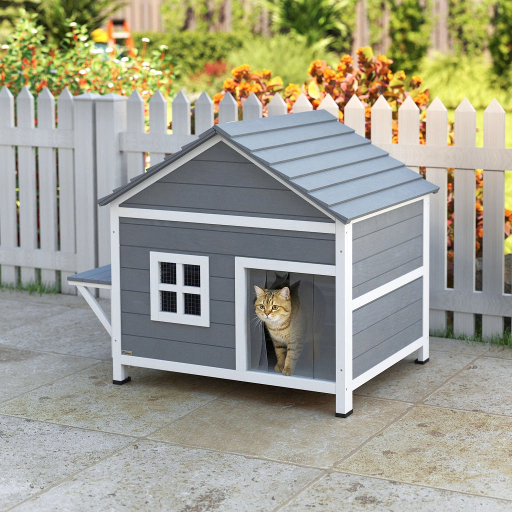 Casetta per Gatti 2 Piani Legno con Tetto Aperto e Piattaforma ¨C zephmum ¨C 101x72,5x81cm Grigio