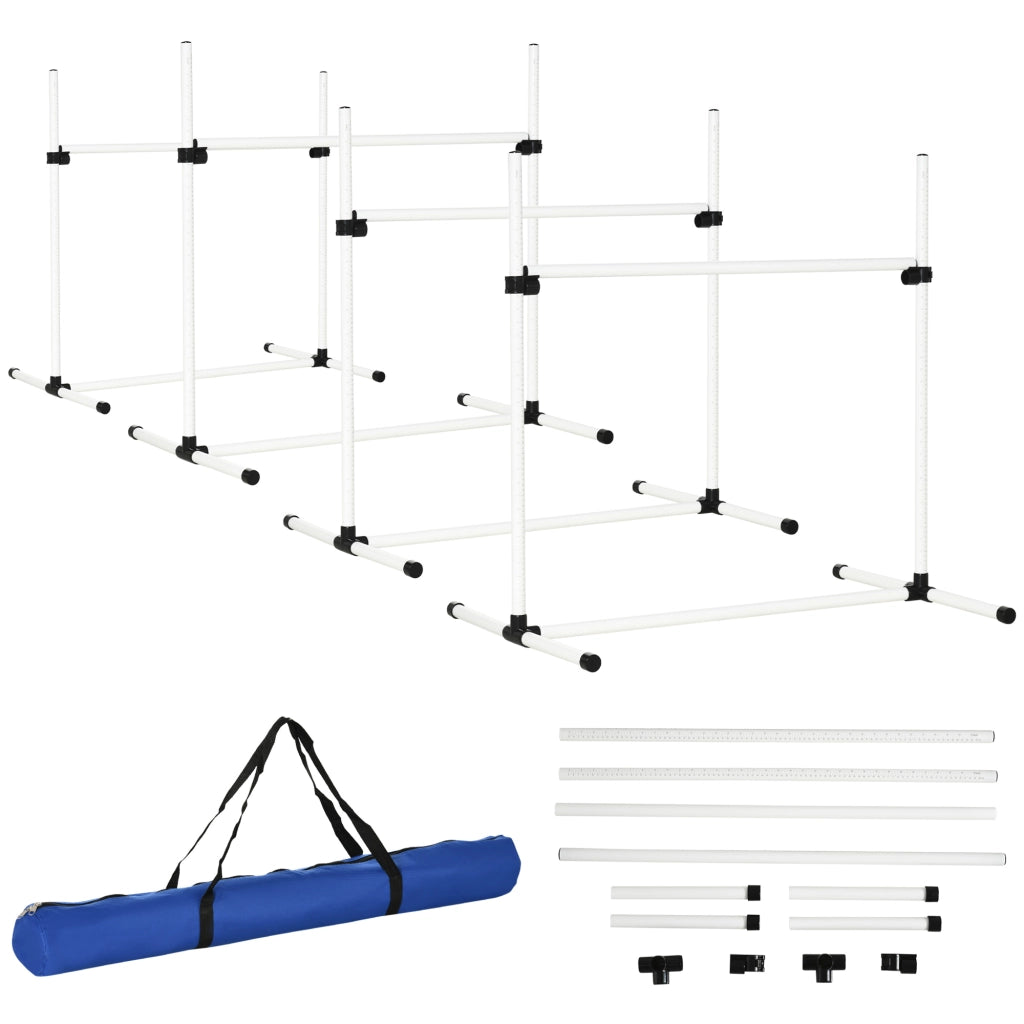 Set agility per cani con 4 ostacoli, 2 bastoni slalom e 4 picchetti, plastica bianca, altezza regolabile e borsa