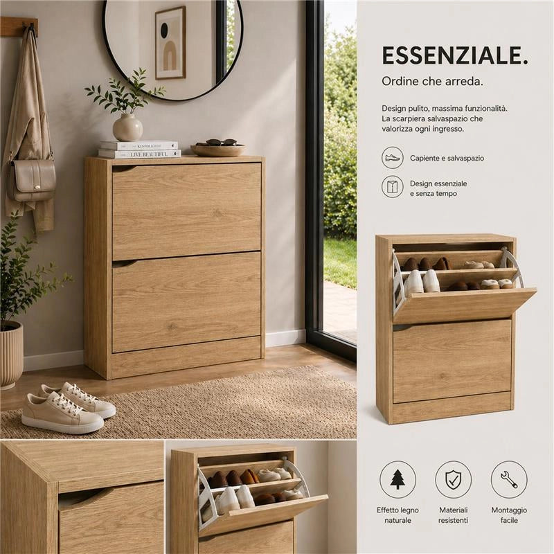 SCARPIERA LINEA HARMON A 2 ANTE E PANNELLO RETROSTANTE IN MDF COLORE ROVERE DIMENSIONI 63X24X80 CM