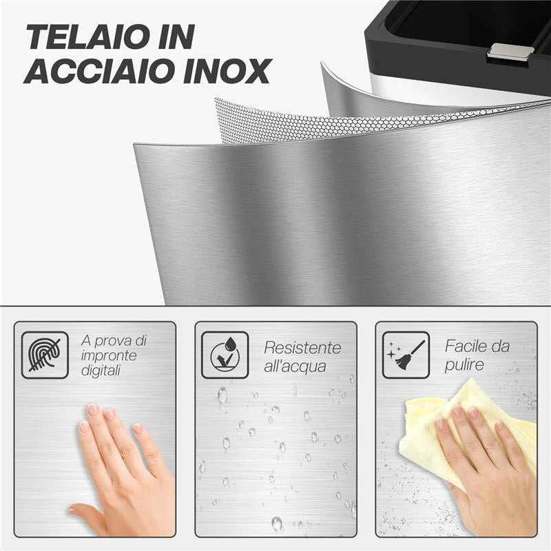 BIDONE IMMONDIZIA A 3 SEZIONI DA 56L CON SUPPORTO PER DEODORANTE IN ACCIAIO E POLIPROPILENE 45.7X35.8X76 CM ARGENTO