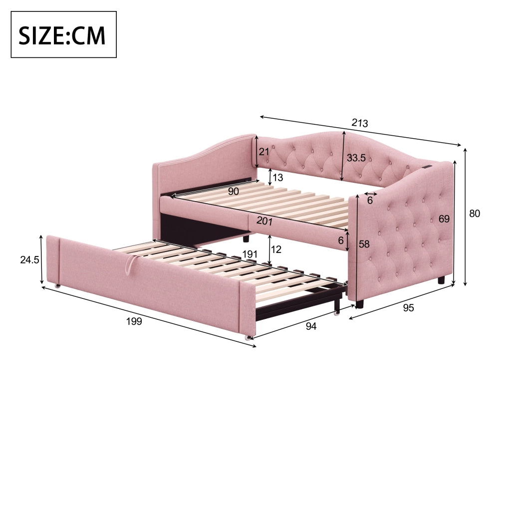 Letto divano estraibile 90 × 200 cm con USB et posto letto aggiuntivo, senza materasso, in tessuto, rosa