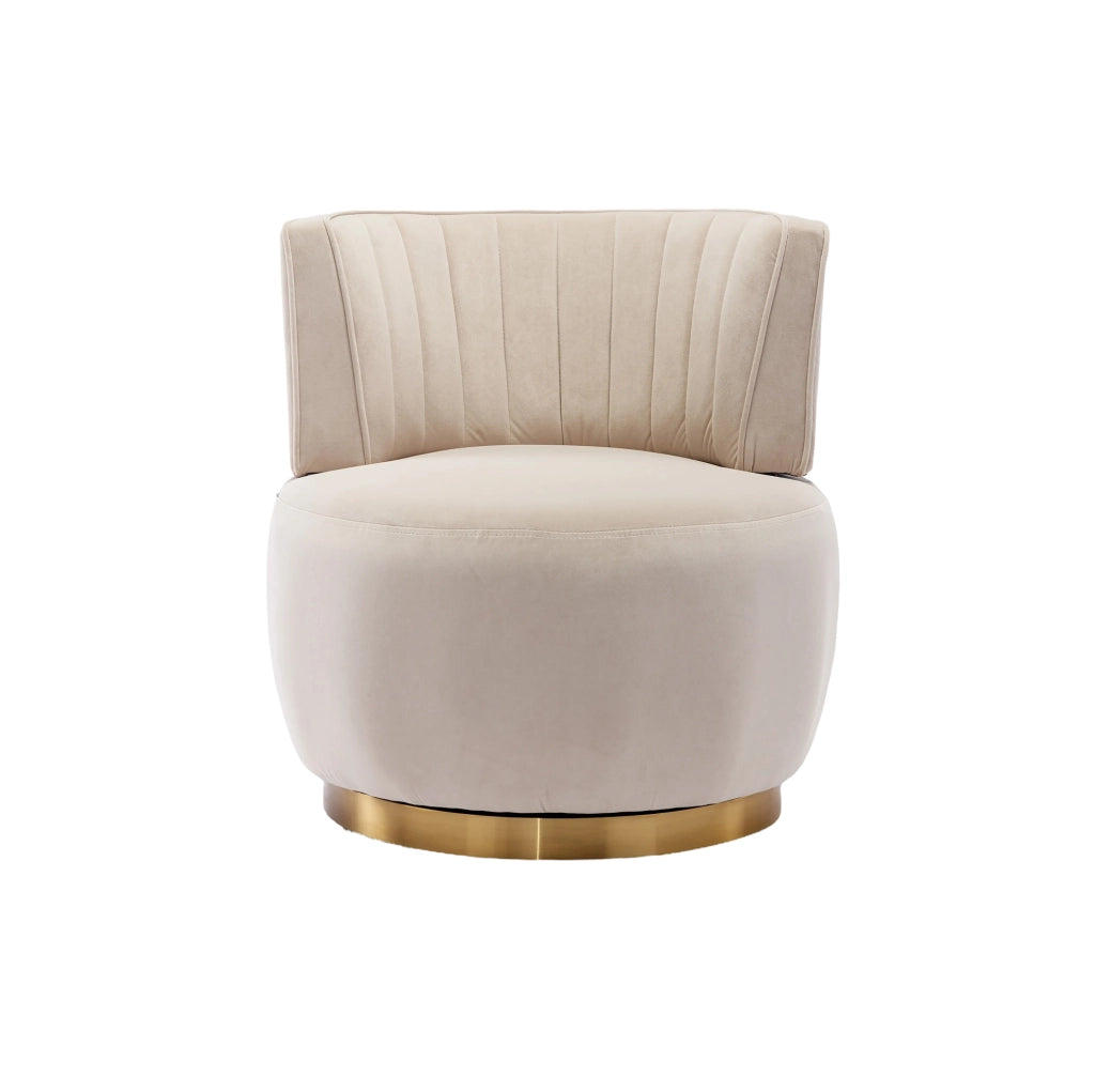 Sedia girevole a 360° in velluto beige; con schienale ergonomico e base in legno e metallo