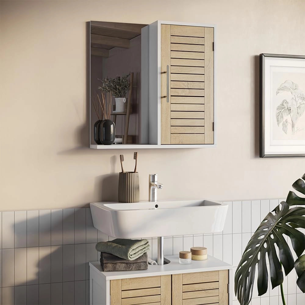Specchio contenitore bagno Looma, Bianco/quercia, 60 x 60 cm con 3 scomparti, utilizzabile come armadio sovrapponibile per lavatrice o WC