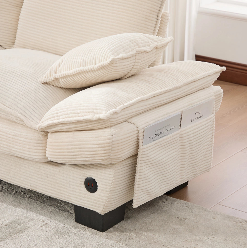Divano modulare 3 posti ULEVR con 2 pouf contenitore, porta USB-C e tasche laterali, velluto a coste beige