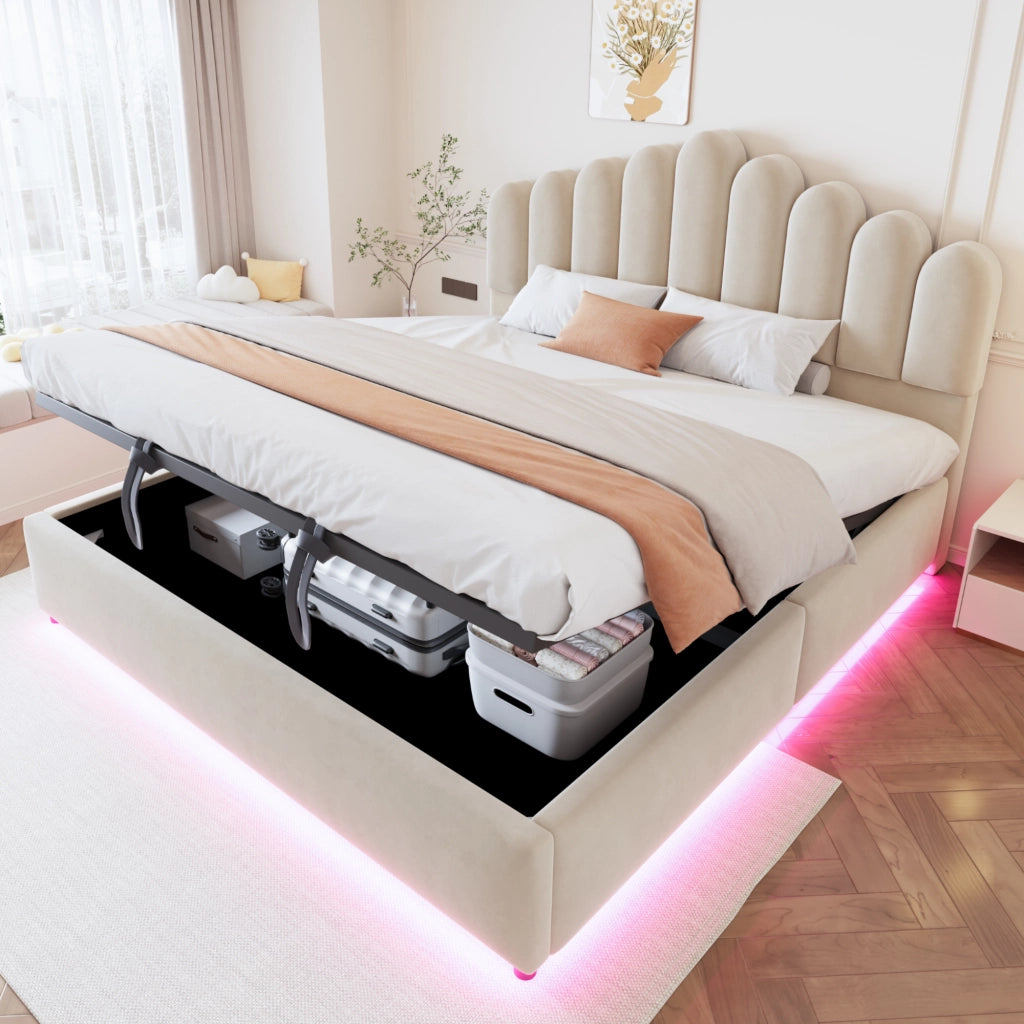 Letto imbottito 180x200 cm con contenitore idraulico, testiera trapuntata, LED e struttura in velluto beige