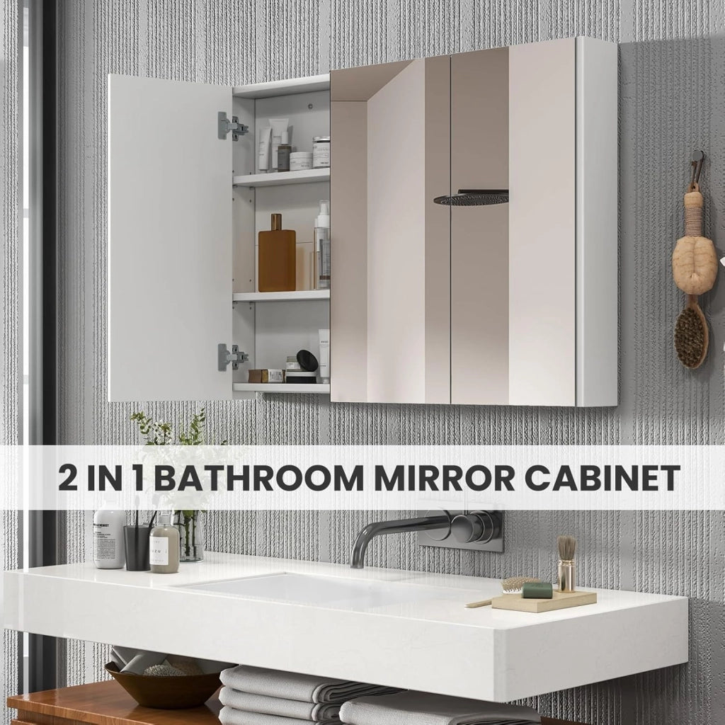 Mobiletto Bagno con Specchio, Specchio Bagno con 2 Ripiani di Stoccaggio, 90x11x65 cm, Bianco