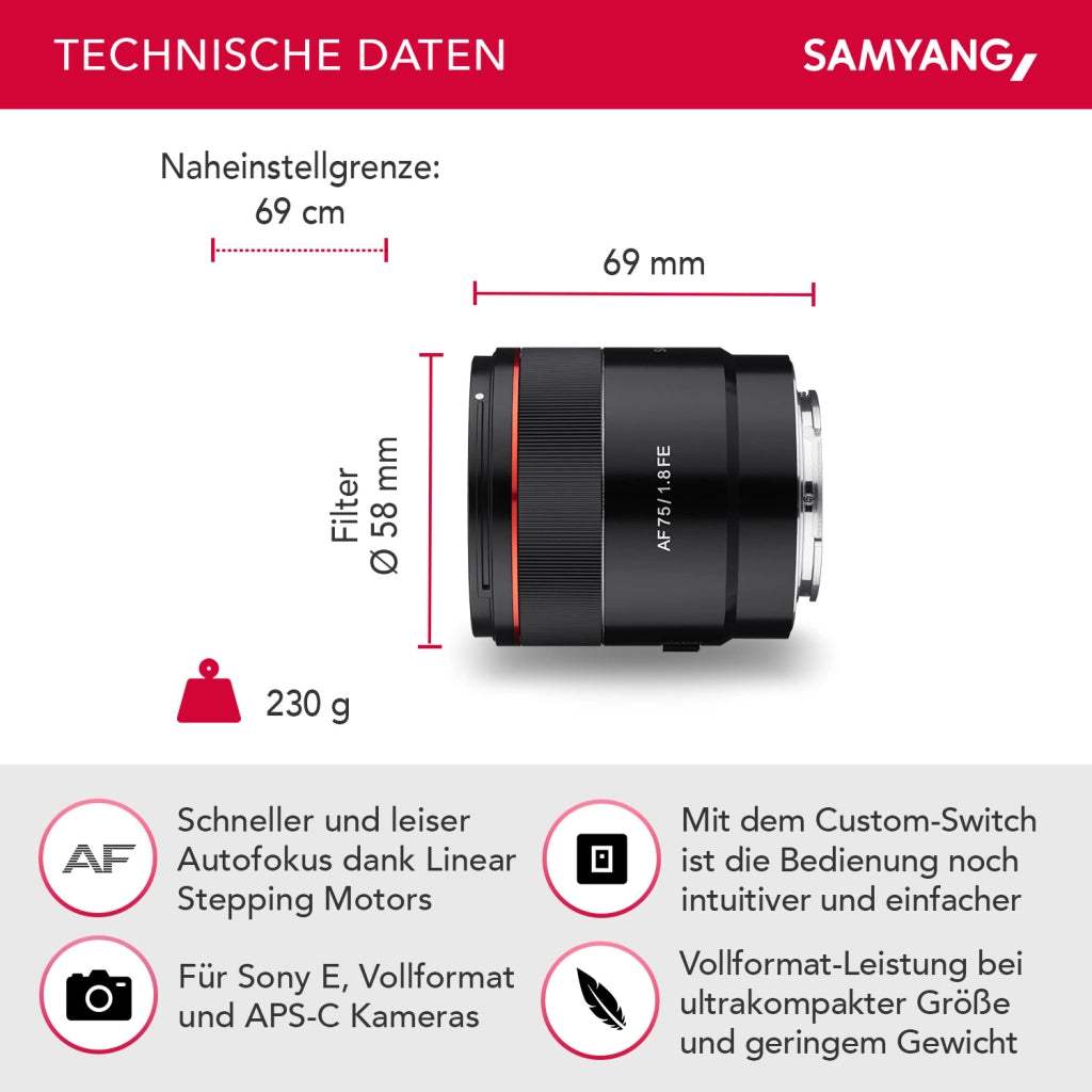 Obiettivo da ritratto AF 75mm F1.8 FE - Autofocus full frame e APS-C a focale fissa - compatibile con l'attacco E di Sony per A9 II A7 III A7C II A7C R A6600 A6500 A6400 A6300 e molti altri