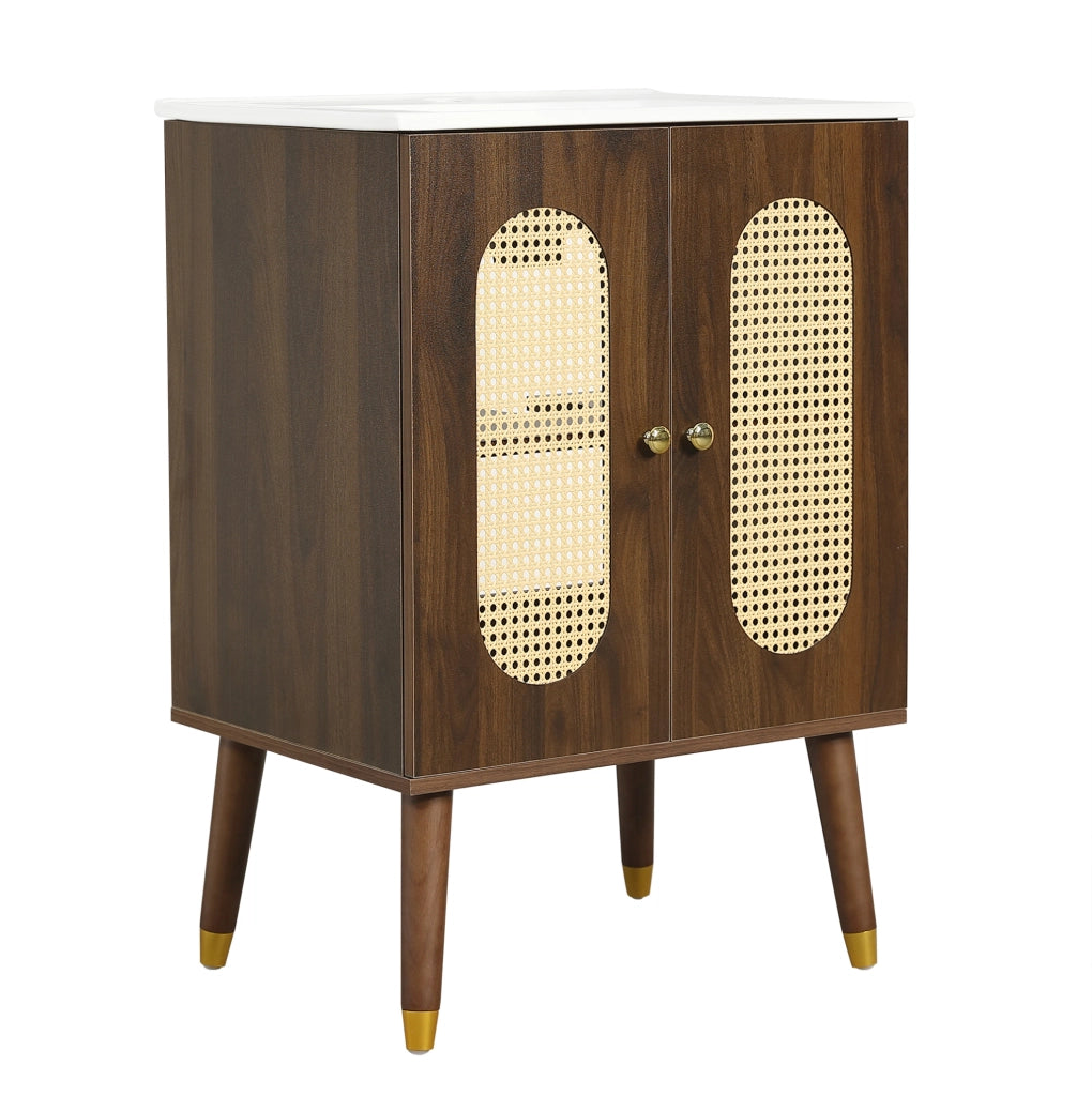 Mobile bagno sottolavabo 61 cm freestanding con lavabo in ceramica; ante in rattan; noce