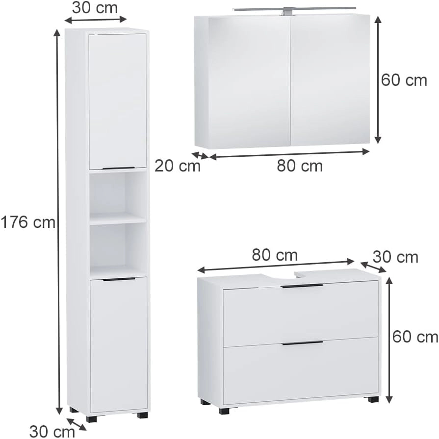 Set di mobili da bagno Alina, Bianco, 80 cm, composto da mobile sottolavabo, specchiera e colonna alta