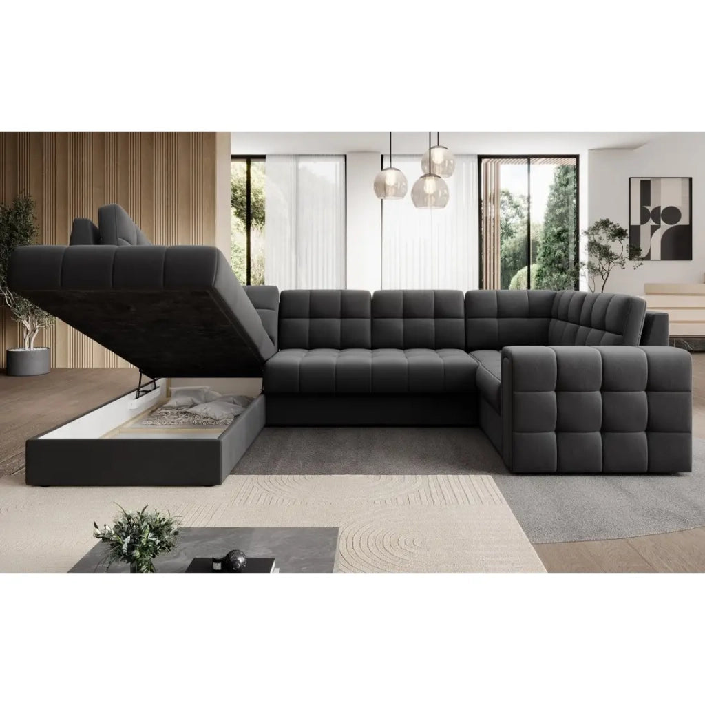 Divano angolare convertibile MONTEZA grigio scuro sinistro 299 cm con baule e letto