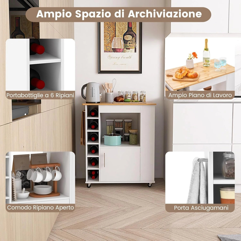 Carrello da Cucina con Ruote, Isola da Cucina con Scomparti Portabottiglie a 6 Scomparti, Portaspezie e Portasciugamani, 76x44x89 cm (Bianco)