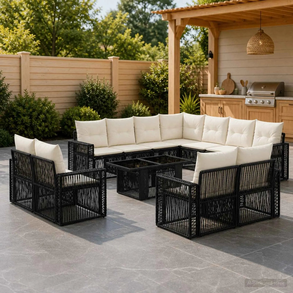Set Divano da Giardino 12 pz Nero e Bianco Crema polyrattan 3436870