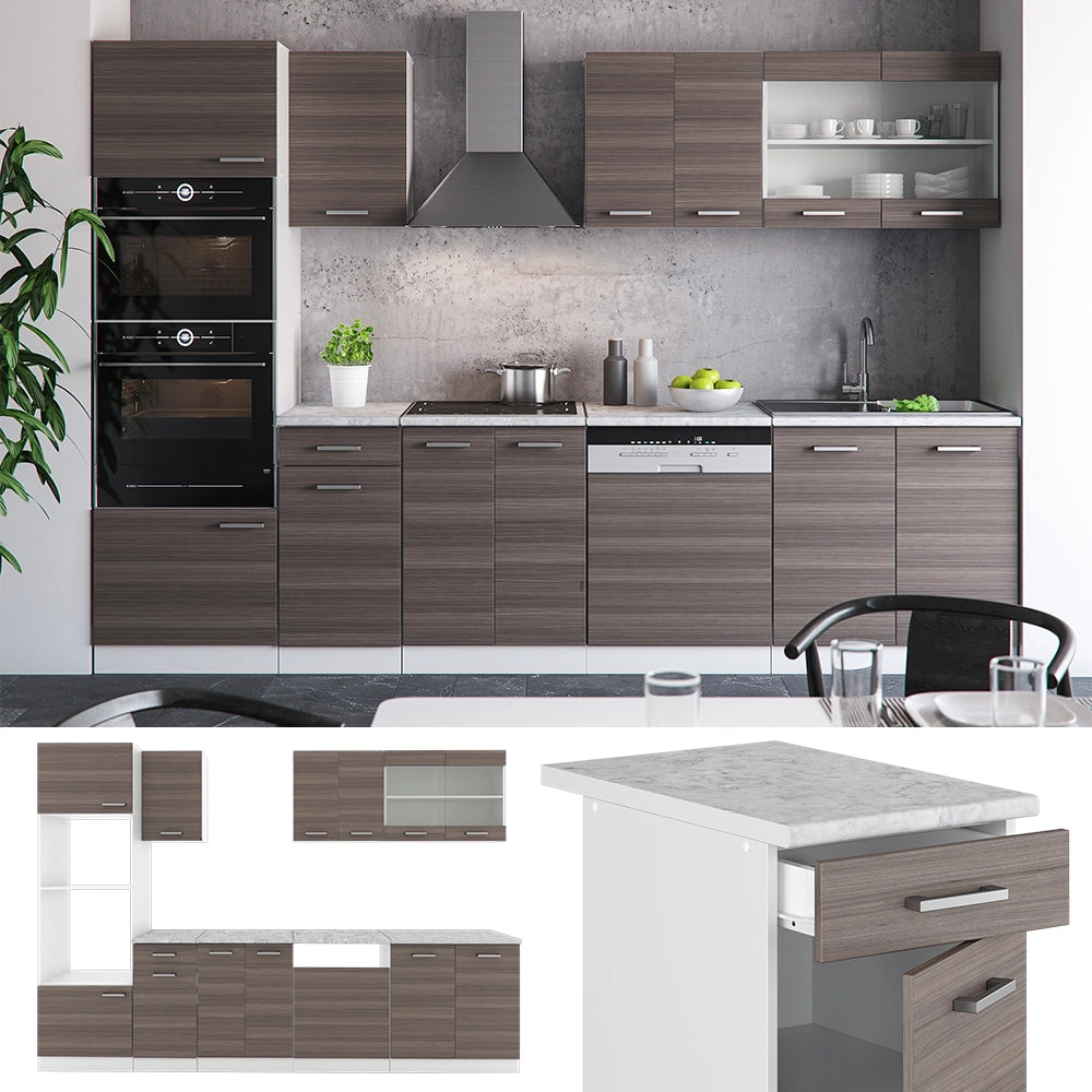 Vicco Cucina componibile Grigio prezioso/bianco 300 cm con armadio alto, PL Marmo