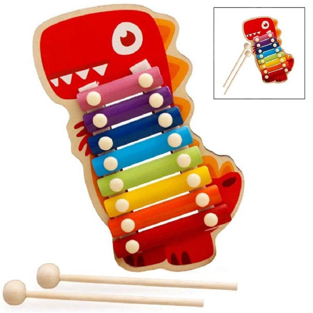Trade Shop - Xilofono In Legno Giocattolo Musicale Per Bambini 8 Note Dinosauro Multicolore -