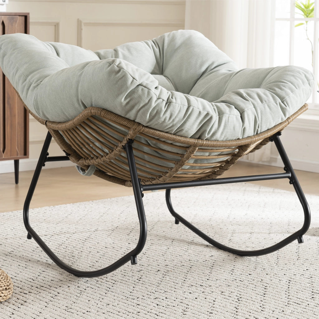 Sedia a dondolo in chenille con struttura ergonomica e base metallica, per salotto e camera azzurro chiaro