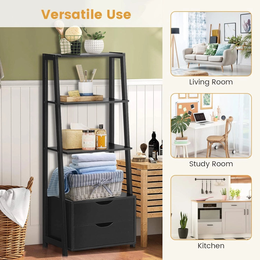 Scaffale a 3 Ripiani Stile Moderno, Libreria con Struttura con 2 Cassetti, Adatto per Soggiorno, Studio, Cucina, Camera da Letto e Ufficio, Nero, 52x40x133 cm