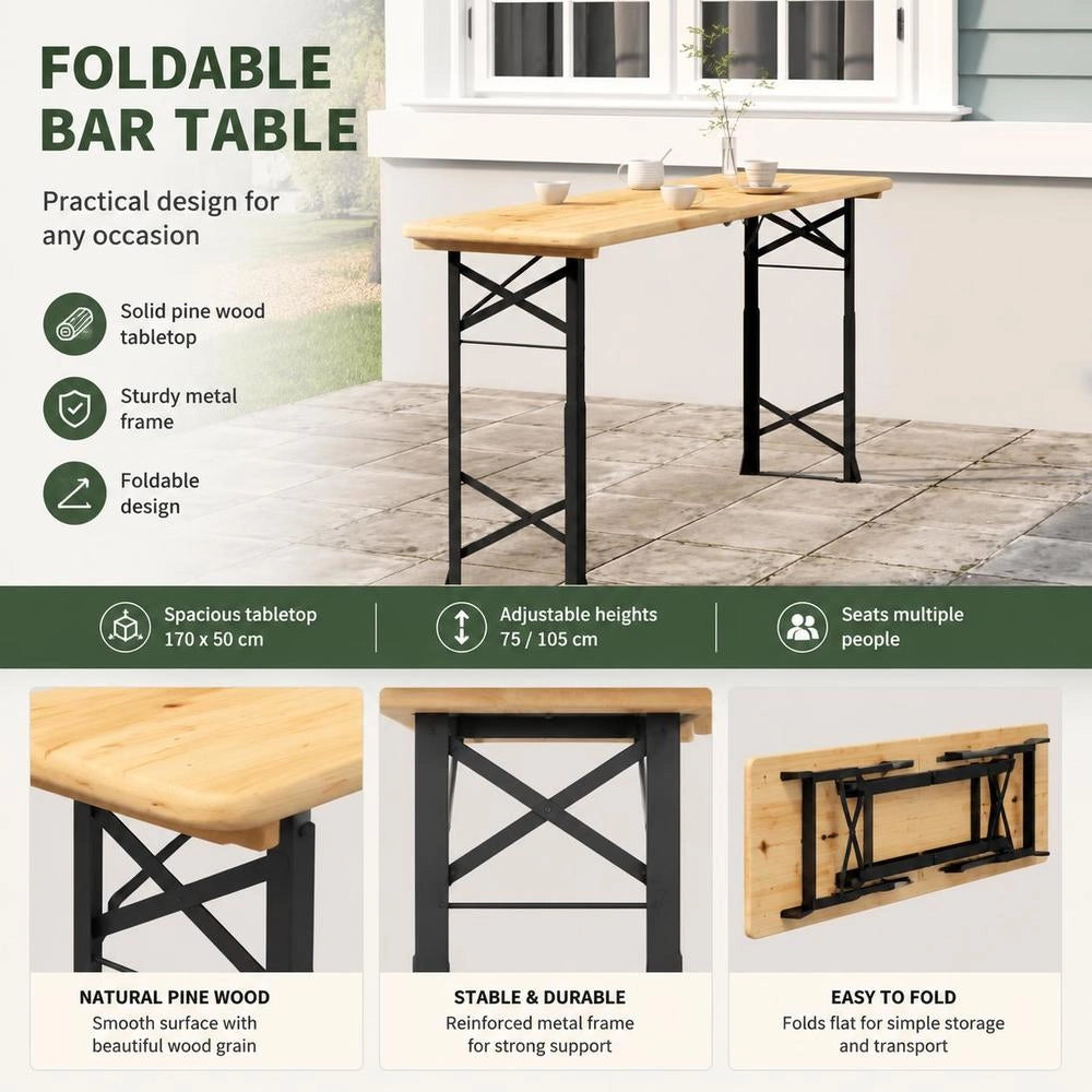 Folding Beer Table 170x50x75/105 Cm Solid Fir Wood