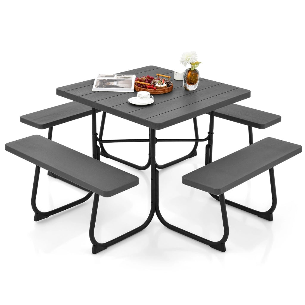 Set tavolo da picnic quadrato per 8 persone, Tavolo per esterni con foro per ombrellone capacit¨¤ di 225kg Grigio Scuro-Tavoli e sedie da campeggio