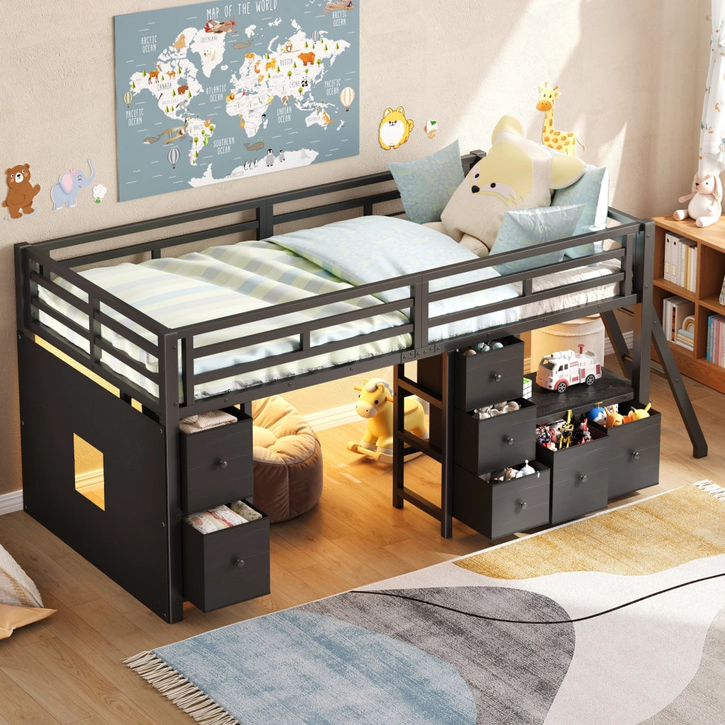 Letto a mezza altezza 90x200 cm salvaspazio con 7 cassetti in tessuto; mensole; area gioco e LED 7 colori; nero