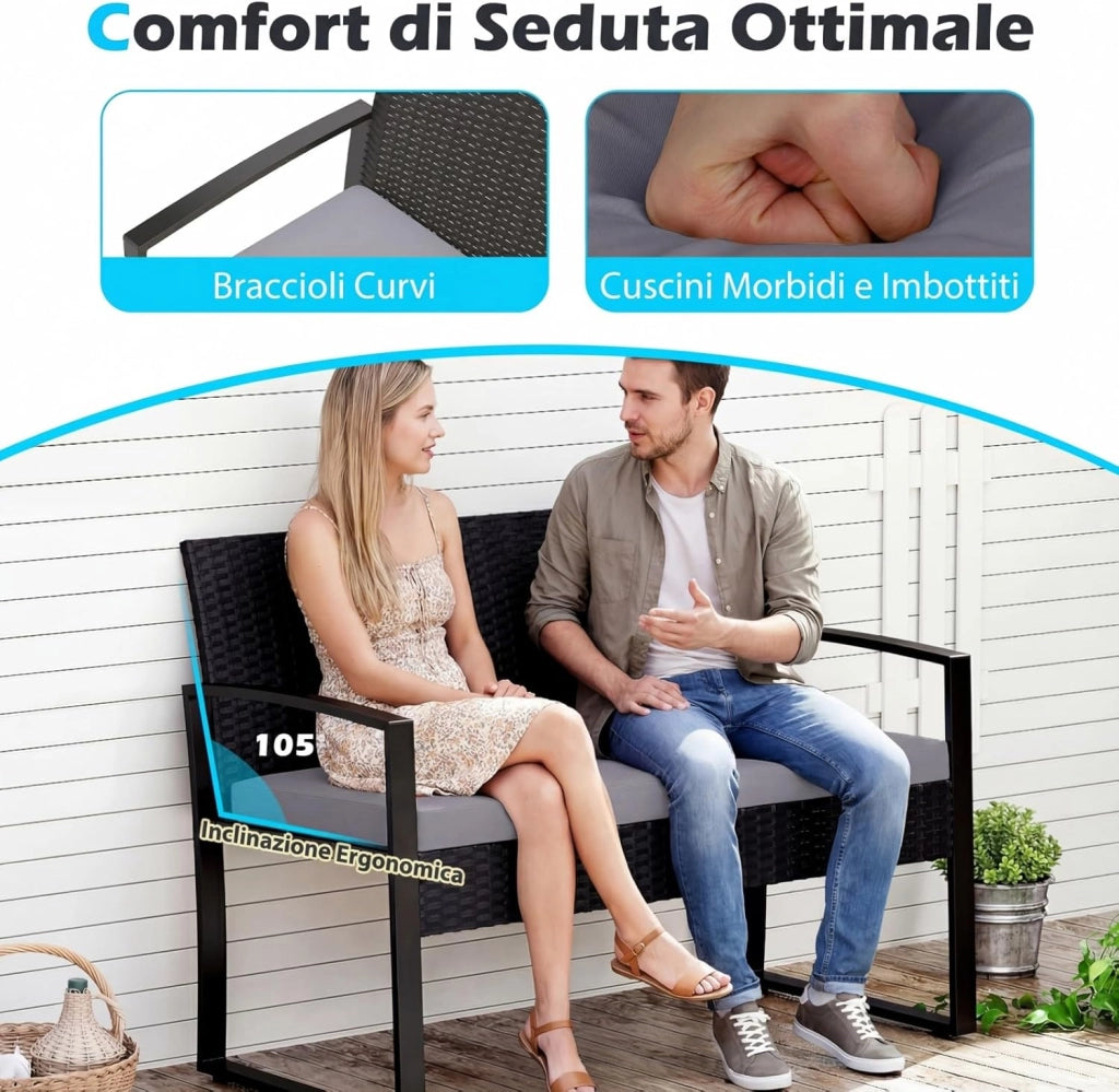 Set Salotto da Giardino a 4 Pezzi, Divanetto in Rattan con 2 Poltrone Ergonomiche e Tavolino con Piano in Vetro Temperato, Set Mobili da Esterno con Cuscini per Balcone e Patio (Grigio)