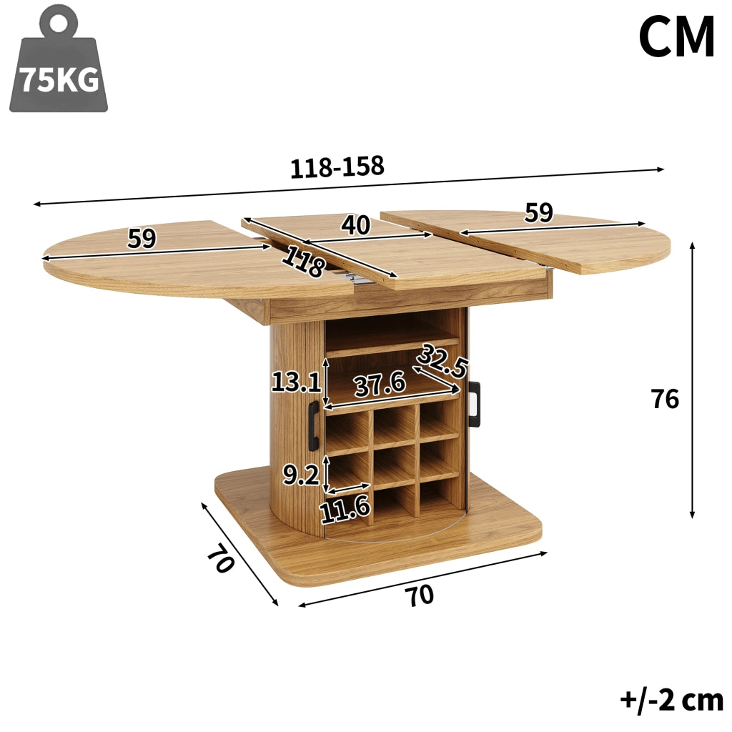 Tavolo allungabile con ripiani rimovibili e portabicchieri, per cucina, in MDF e metallo, naturale 118 × 118 × 76 cm