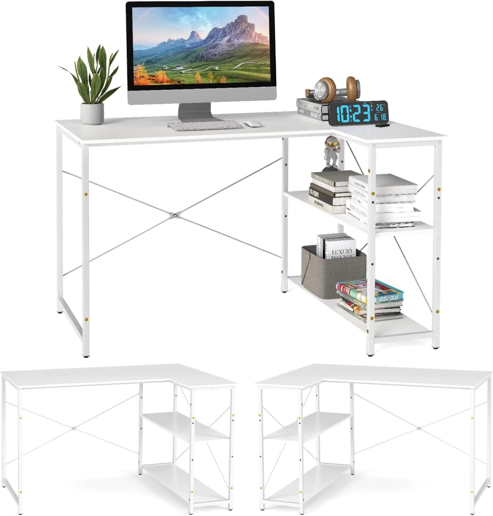Scrivania a forma di L da 118 cm, tavolo per computer con ripiano reversibile, scrivania ad angolo moderno con ripiano regolabile, per studio, ufficio (bianco)