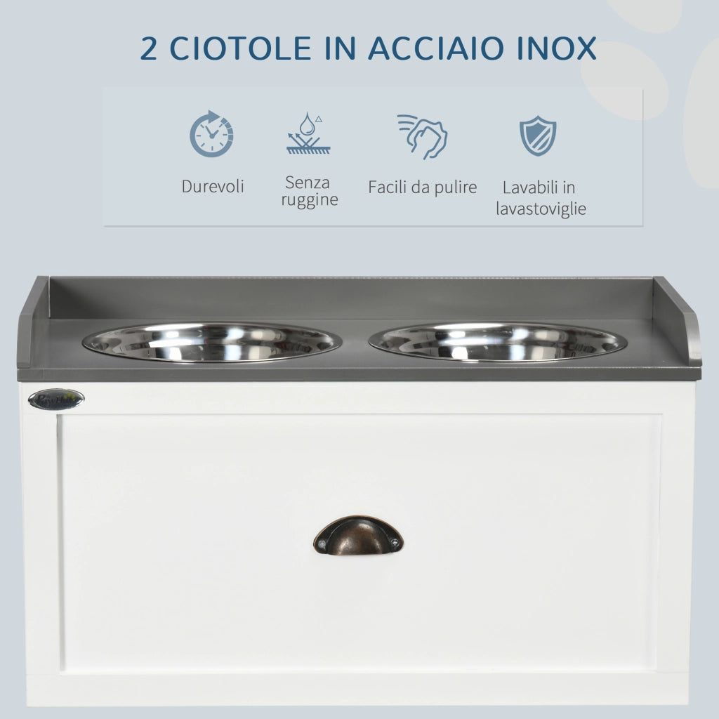 Ciotole per Cani Rialzate in Acciaio Inox e Legno con Cassetto, 60x30x36cm, Bianco e Grigio