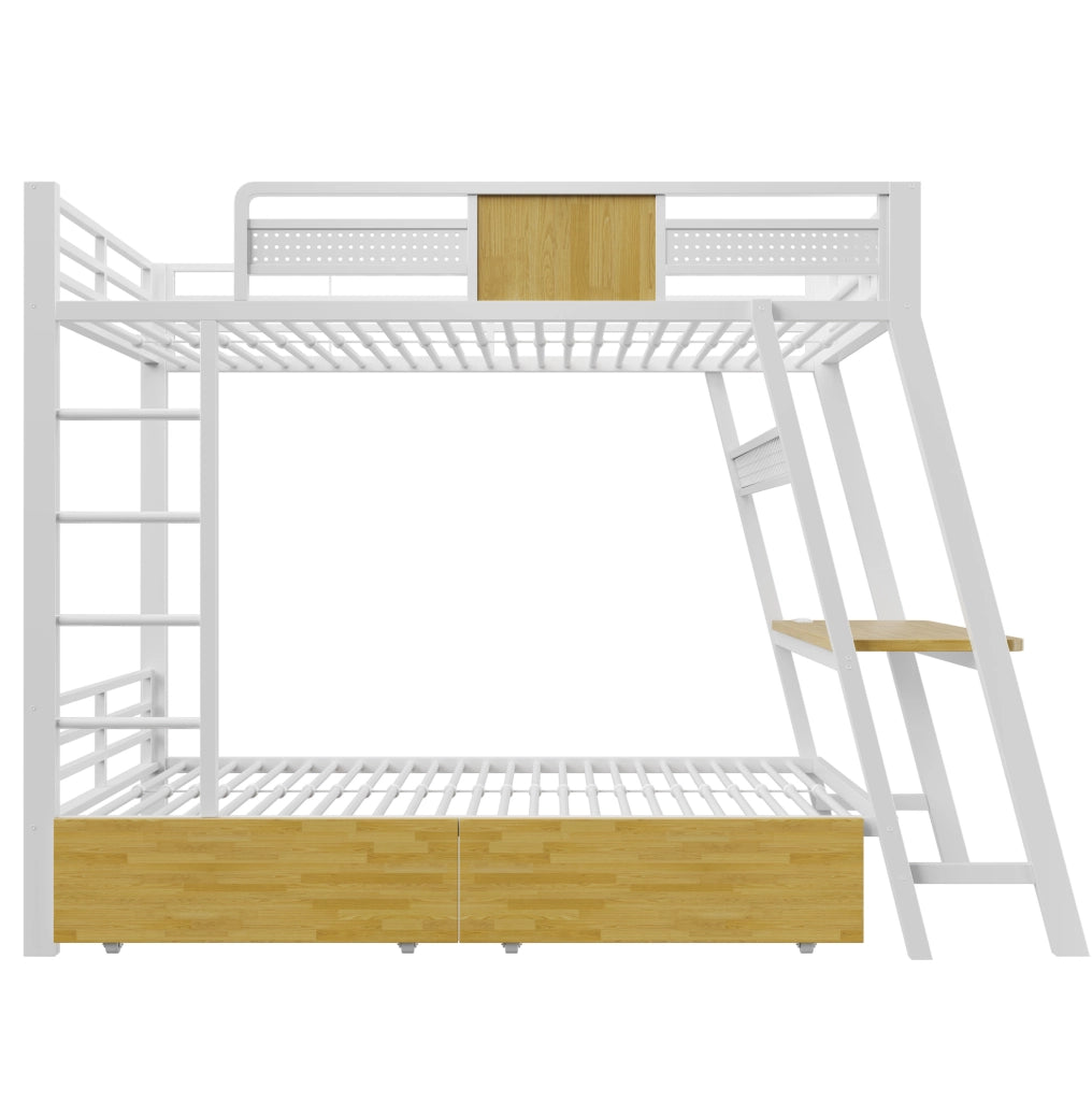 Letto a castello in metallo 90x200 cm con scrivania integrata; LED e vani contenitore; bianco