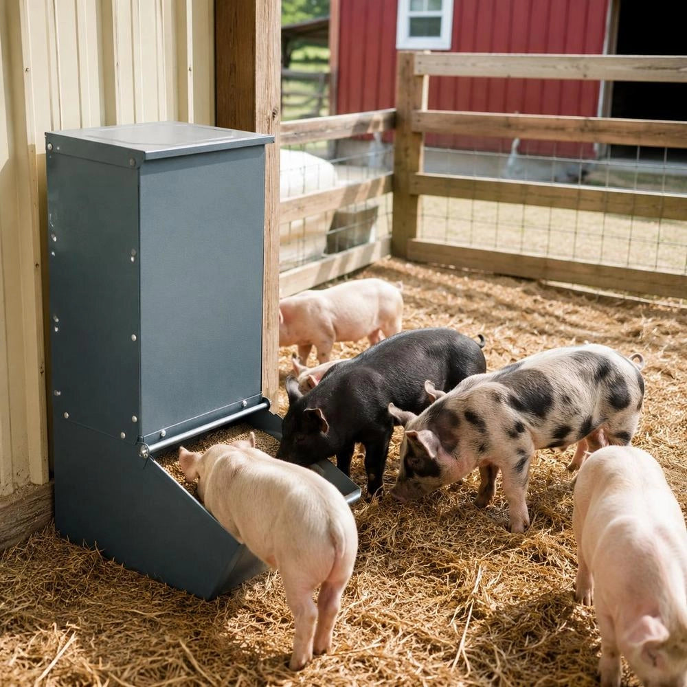 Pig Feed Trough, 2.2 Bushel Capacity, Single-door Feed Dispenser, Heavy-duty Steel Feed Box, Multi-purpose Crawling Feed Trough, Outdoor Livestock Hay Rack, Farm Equipment