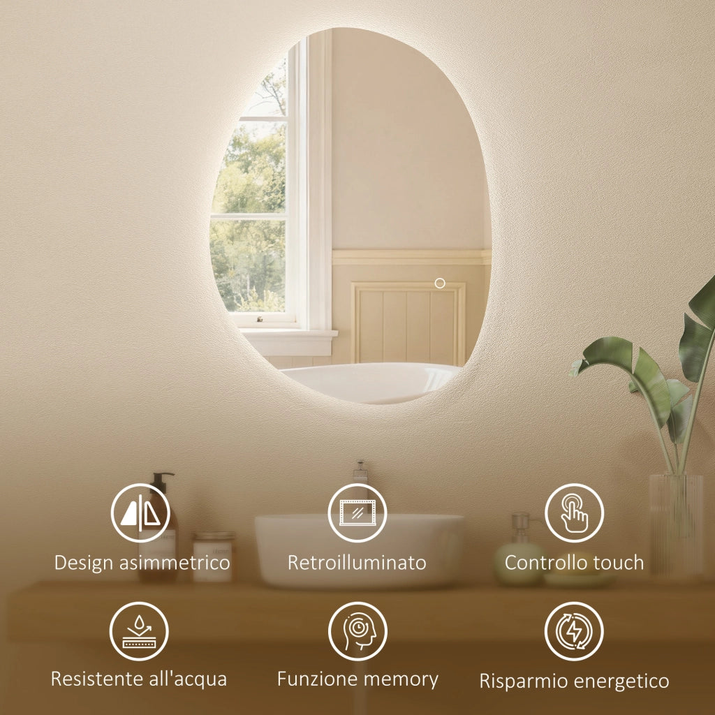Specchio da Bagno LED con Luce Regolabile ¨C Xylo ¨C Vetro Temperato Argento 70x50 cm