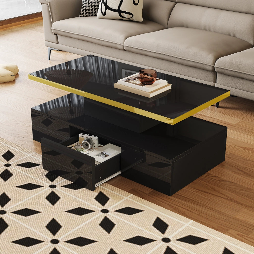 Tavolino da caffè moderno lucido nero 100 x 50 x 39 cm in truciolare con cassetto