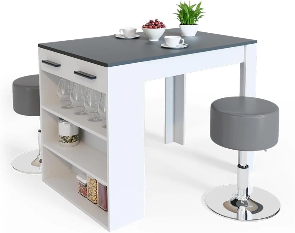 Set di tavoli da pranzo Repose, Antracite/bianco, 67 x 100 cm con 2 sgabelli, adatto come piano di lavoro o area di appoggio aggiuntiva