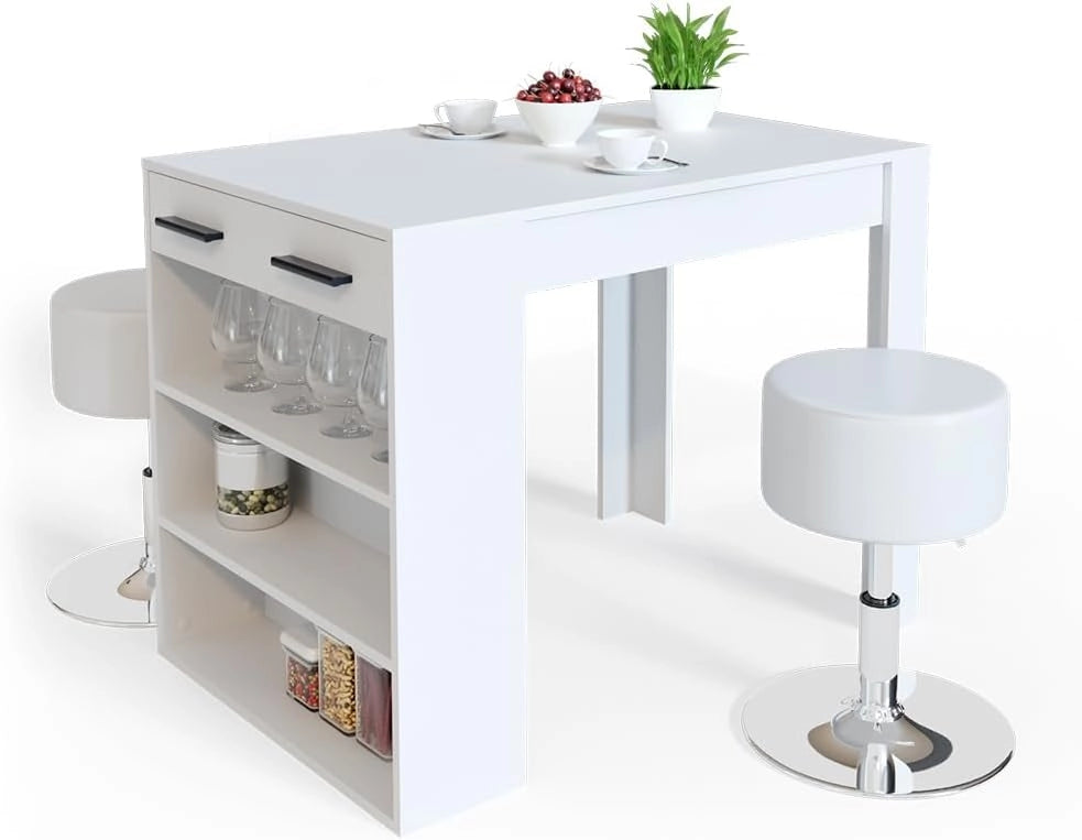 Set tavolo da pranzo Repose, Bianco, 67 x 100 cm con 2 sgabelli, adatto come piano di lavoro o area di appoggio aggiuntiva