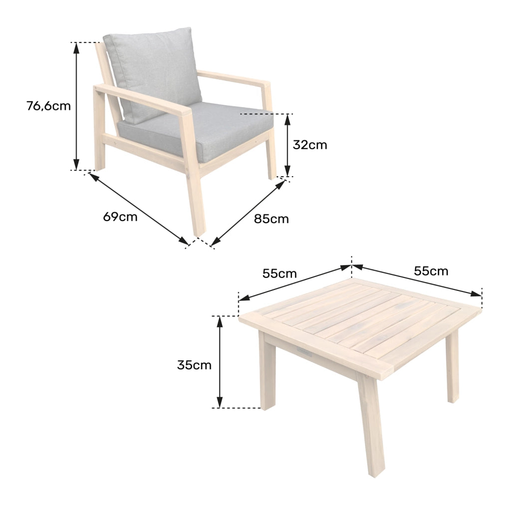 Set di mobili da giardino in acacia a 2 posti GILI - cuscini grigi