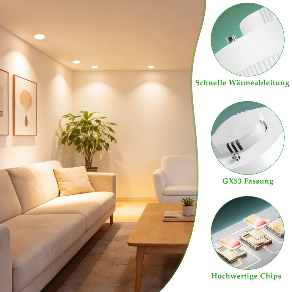 ZMH Lampadine GX53 74x25 mm Ultra Piatta Luce Calda 3000K 5W per Lampade da Sotto Unità Non Dimmerabile Confezione da 6