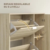 Scarpiera con Specchio per 16 Paia di Scarpe, 4 Cassetti a Ribalta e 2 Armadietti, 82x30x168cm, Rovere