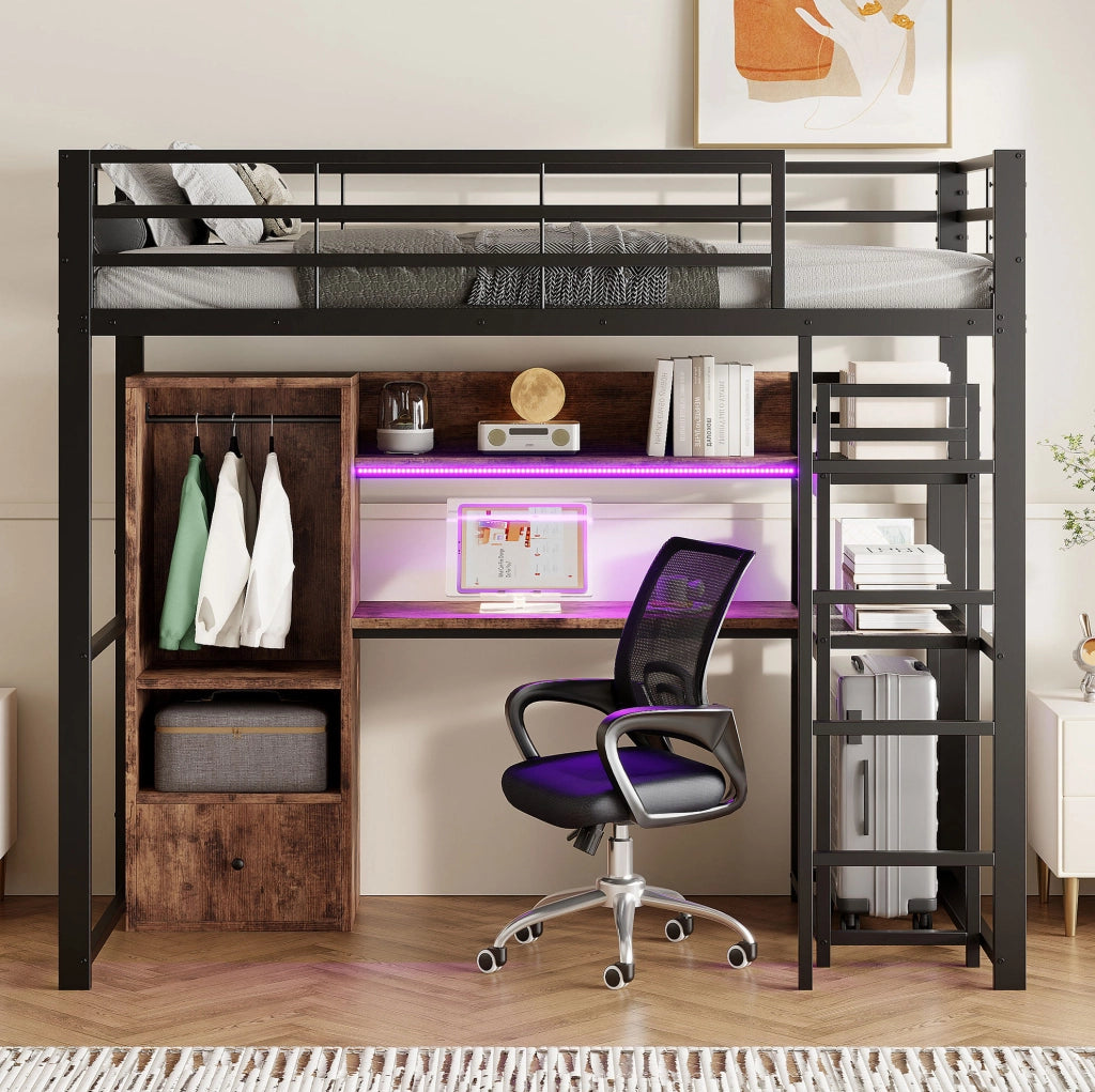 Letto a soppalco 90x200 cm nero con scrivania, LED, cassetto e ripiani