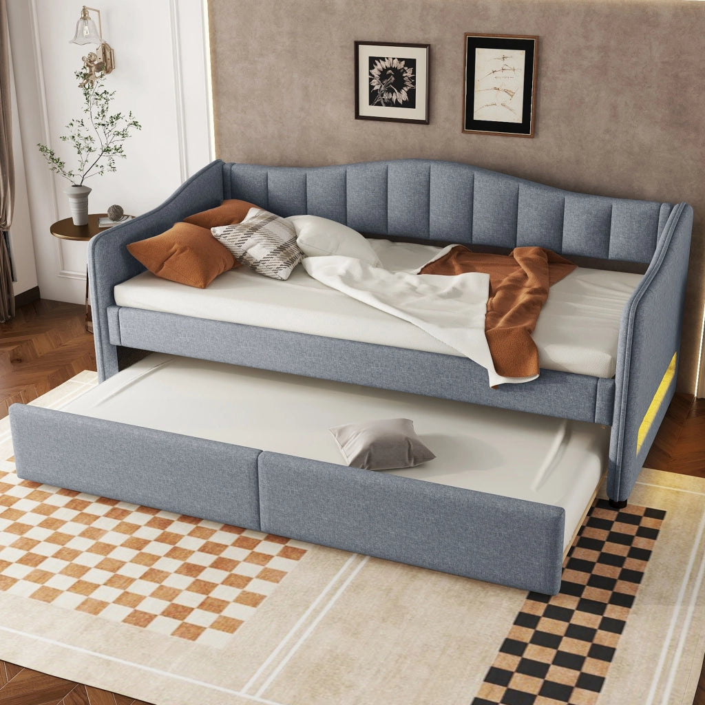 OKWISH Letto a Divano 90×200 cm, Letto Singolo con Letto Estraibile, LED Regolabile, senza Materasso, in Lino e MDF, Grigio