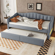 OKWISH Letto a Divano 90×200 cm, Letto Singolo con Letto Estraibile, LED Regolabile, senza Materasso, in Lino e MDF, Grigio