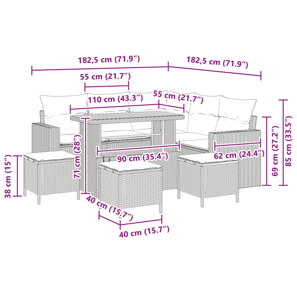 Set divani giardino  da 9 pezzi con cuscini in rattan nero e acacia