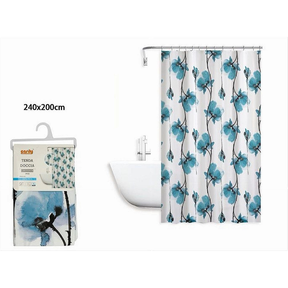 Trade Shop - Tenda Doccia Vasca Impermeabile 12 Ganci Decorazione Fiori Blu 240 X 200cm 79225 -