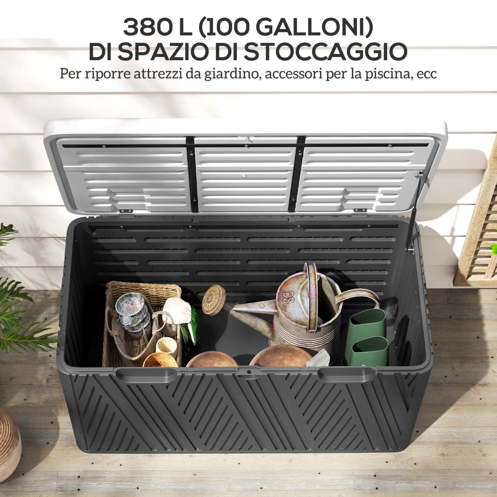 Panca Contenitore 380L in HDPE con 2 Maniglie Laterali e Leva a Gas, 115x60x60 cm, Nero e Grigio