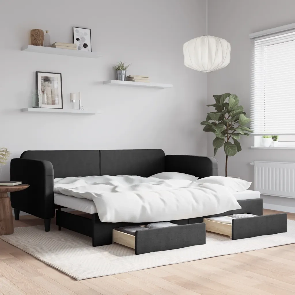 Divano Letto Estraibile con Cassetti Nero 90x200 cm in Tessuto 3196854