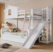 Letto a castello 90x200 cm e 120x200 cm con finestra; scivolo e scala in legno e MDF bianco