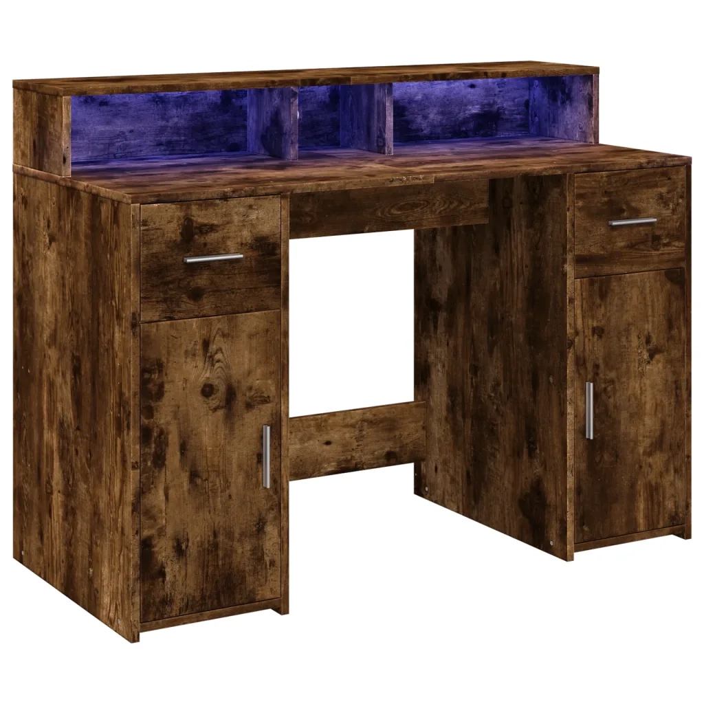 Scrivania con Luci LED Rovere Fumo 120x55x91 cm in Multistrato